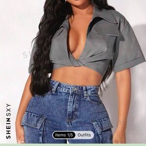 SHEIN Gray Cuffed Sleeve Crop Top